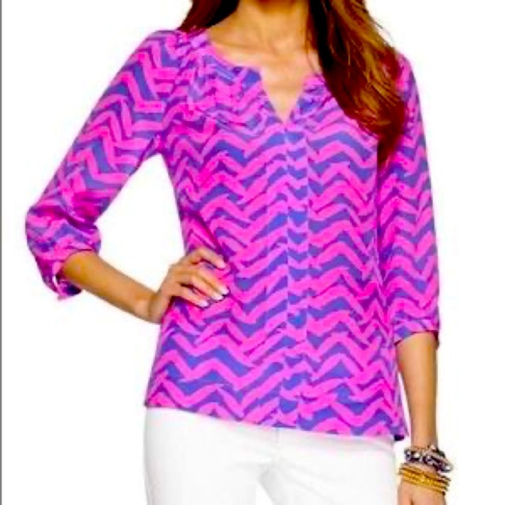 Lilly Pulitzer Got Lucky Blue and Pink 100% Silk Moxy Blouse - Small